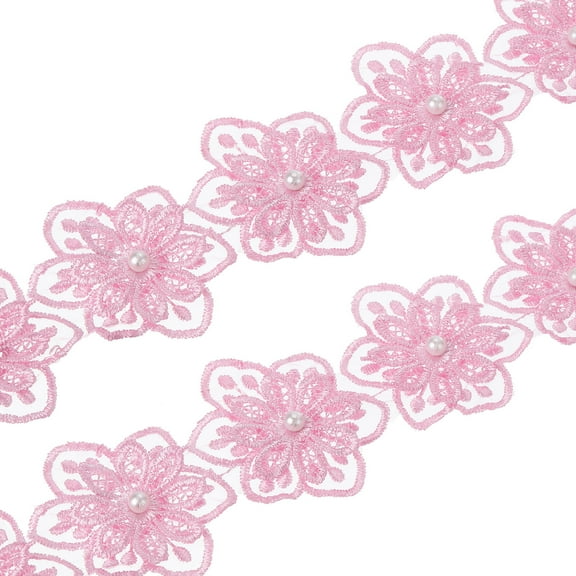 Uxcell 1 Yards Flower Trim Ribbon, 2 Pack Floral Lace Ribbon Pearl Edging Decorating Embroidered Trim Style 1, Pink