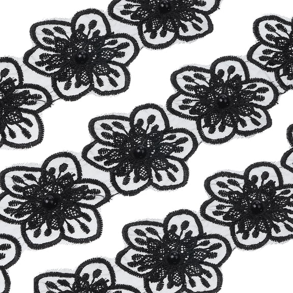 Uxcell 1 Yards Flower Trim Ribbon, 3 Pack Floral Lace Ribbon Pearl Edging Decorating Embroidered Trim Style 1, Black
