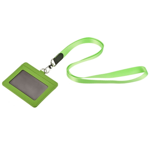 Uxcell 10.4cm Horizontal Badge Holder PU Leather ID Holder Detachable with 2 Slots and Neck Lanyard Green