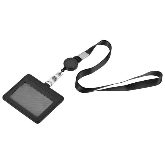 Uxcell 10.4cm Horizontal Badge Holder PU Leather ID Holder Retractable with 2 Slots and Neck Lanyard Black