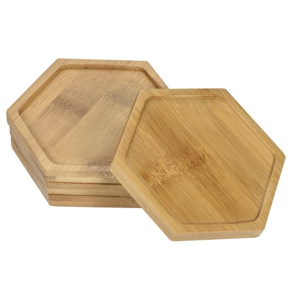 Uxcell 10.5x9cm Hexagonal Bamboo Plant Saucer Flowerpot Drip Tray Indoor, 4 Pack