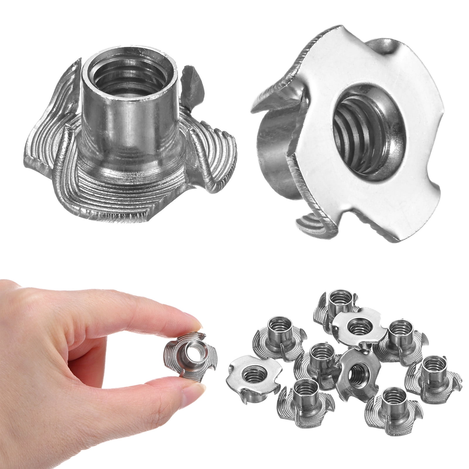 M METERXITY 10-Pack 3/8-UNC T-Nuts – Stainless Steel 4-Pronged Tee Nut, 0.97" Width, 0.5" Height – For Wood, Climbing Holds, Furniture