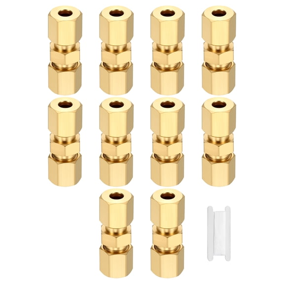 Uxcell 10 Pack Brass Compression Tube Pipe Fitting, 3/16" OD Compression Union Connector, Straight Coupling Adapter Pipe Fitting with Double Ferrules Tape for Air, Water, Oil