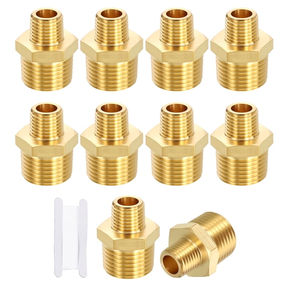 Uxcell 10 Pack Brass Pipe Fittings, 1/2" MNPT to 1/4" MNPT Hex Nipple W/ Sealing Tape
