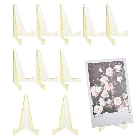 Uxcell 10 Pack Card Display Stand, 3.4" Clear Plastic Easel Stands Mini Picture Coin Display Easel Holder for Pictures Game Card Small Art Works Home Table Decor, Yellow
