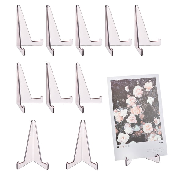 Uxcell 10 Pack Card Display Stand, 3.4" Clear Plastic Easel Stands Mini Picture Coin Display Easel Holder for Pictures Game Card Small Art Works Home Table Decor, Gray Purple