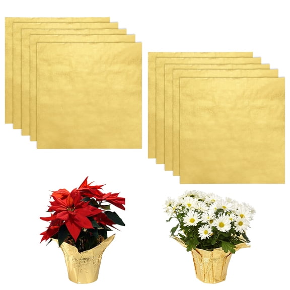 Uxcell 10-Pack Foil Wrap for Potted Plants, 11.8 x 11.8 Inch Aluminum Floral Foil Plant Pot Covers for Wedding [Gold]