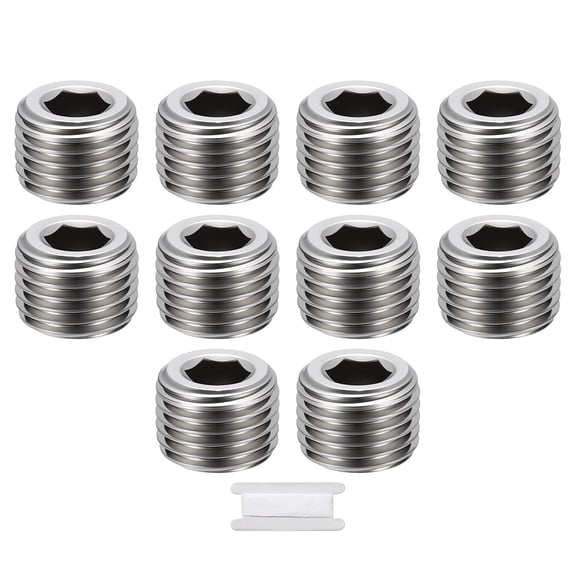Uxcell 10 Pack Hex Head Socket Pipe Plug Fitting, 1/4" NPT Male Threaded End Cap, 304 Stainless Steel Hex Thread Pipe Fittings W/Tape for Water Pump, Engine, Industrial Piping