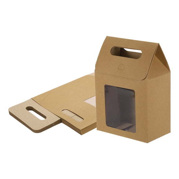 Uxcell 10 Pack Kraft Paper Bags, Gift Boxes with Clear Window and Handle, Stand Up Favor Treat Boxes for Candy, Cookies, Party Store, Packaging, Wedding, Light Brown