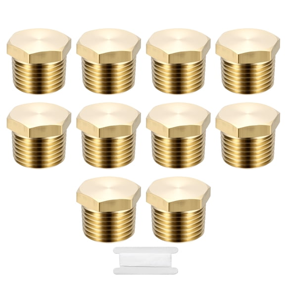 Uxcell 10 Pack Outer Hex Head Socket Pipe Plug Fitting, 1/2" NPT Male Threaded End Cap, Brass Outer Hex Thread Pipe Fitting W/Tape for Water Pump, Engine, Industrial Piping