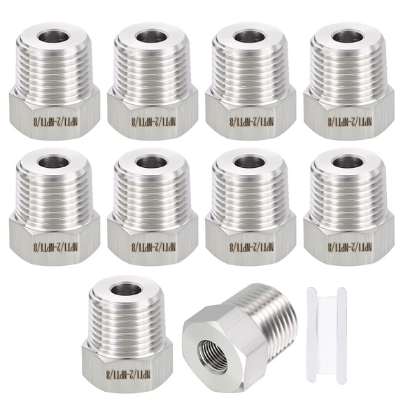 Uxcell 10 Packs 304 Stainless Steel Pipe Fittings, 1/2" Male NPT to 1/8" FeMale NPT Hex Bushing Reducer with Sealing Tape, Hose Tube Threaded Adapters for Air, Oil, LP, Gas