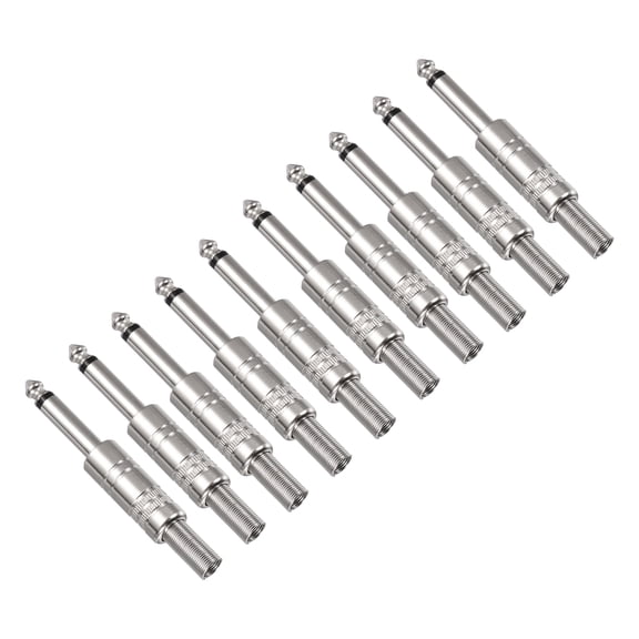 Uxcell 10 Pcs 1/4" Audio TS Plug, 6.35mm Mono Male Plug Cable Connector, TS Male Audio Cable Adapter for Speaker, Microphone, Guitar, 2.95" Silver
