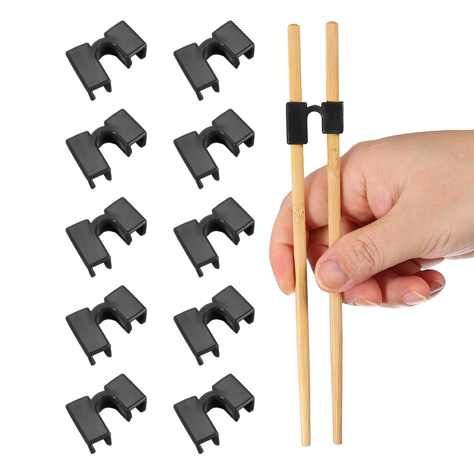 Uxcell 10 Pcs Chopsticks Helper, Reusable Training Chopstick Hinges Connector for Learners, Black
