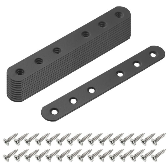 Uxcell 10 Pcs Flat Straight Brackets, 135mm x 5mm Iron Brace Plate with Screws Flat Straight Brace Brackets Flat Mending Plates Repair Fixing Joining Brackets for Wood Furniture, Black