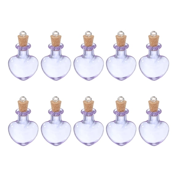 Uxcell 10 Pcs Mini Glass Bottles Jars, Heart Small Cute Glass Jars Vials Pendants Small Vials Wishing Bottle with Cork Stoppers and Eye Screws for DIY Crafts Favorss, Purple