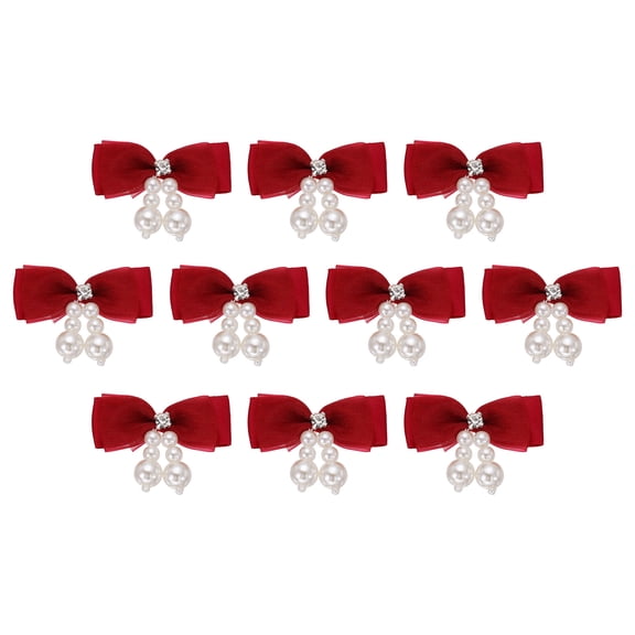 Uxcell 10 Pcs Mini Ribbon Bows, Mesh Ribbon Bows Brooch Pearl Diamond Charm Bow Tiny Crafts Bow Decoration for DIY Sewing Scrapbooking Hair Clip Wedding, Wine Red