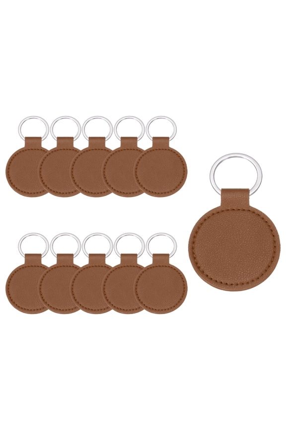 10 Pcs PU Leather Keychain Blanks Bulk Circle Laser Engraving Keychain Leather Key Fob Kit with Key Rings for DIY Supplies Gifts (Brown, 2" Dia.)