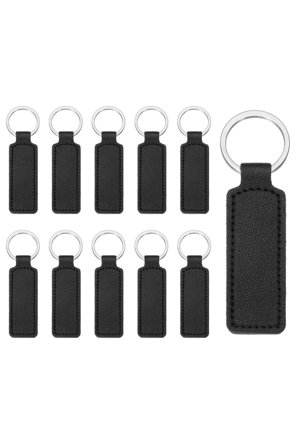 10 Pcs PU Leather Keychain Blanks Bulk Rectangle Laser Engraving Keychain Leather Key Fob Kit with Key Rings for DIY Supplies Gifts (Black, 3.7"x1")