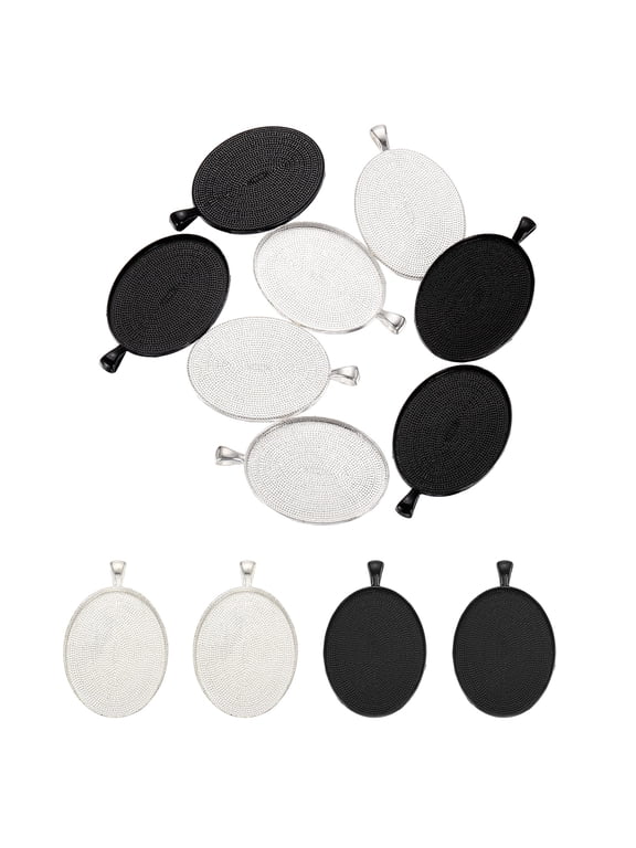 10 Pcs Pendant Trays for Jewelry Making, 30 x 40mm Blank Pendants Zinc Alloy Oval Bezel Settings Flat Base for Necklace Bracelet Photo Charm Art Making Supplies, Silver/Black Tone
