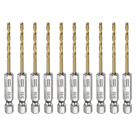 Uxcell 10 Pieces Drill Bit 3/32" Gold Titanium M2 HSS Twist Drill Bit with 1/4" Hex Shank