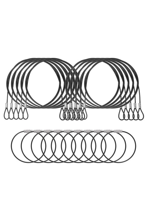 10 Set Security Cable Lock - Double Loop Cable (3.28 ft x 0.08 Inch) with Wire Keychain Cable (6 x 0.06 Inch) Vinyl Coated Stainless Steel Safety Rope Key Ring Holder, Black