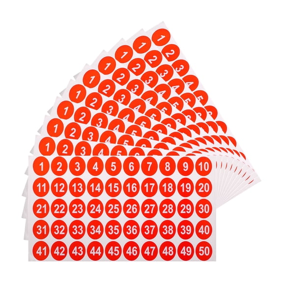 Uxcell 10 Sheets Round Number Stickers, 1-50 Consecutive Number Labels, Red(1" Each)