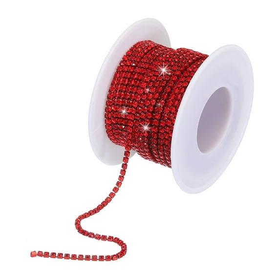 Uxcell 10 Yard 2mm Crystal Rhinestone Diamond Close Chain Trim for Sewing,Crafts,Red Gems Red Base