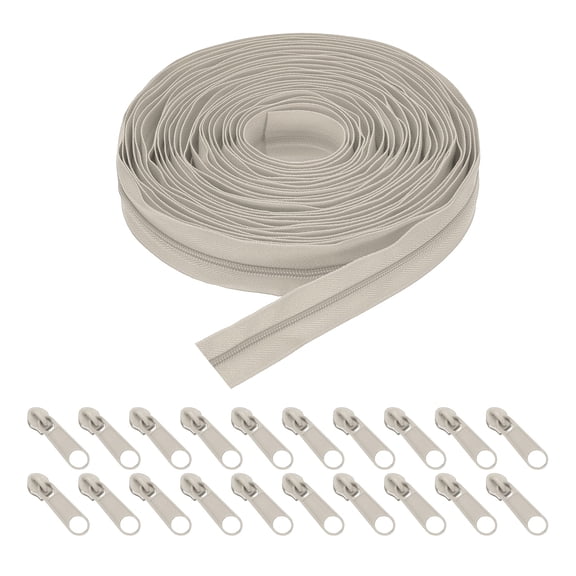 Uxcell 10 Yards 1.2" #5 Nylon Coil Zipper Sewing Tape with 20 Zip Slider, Khaki