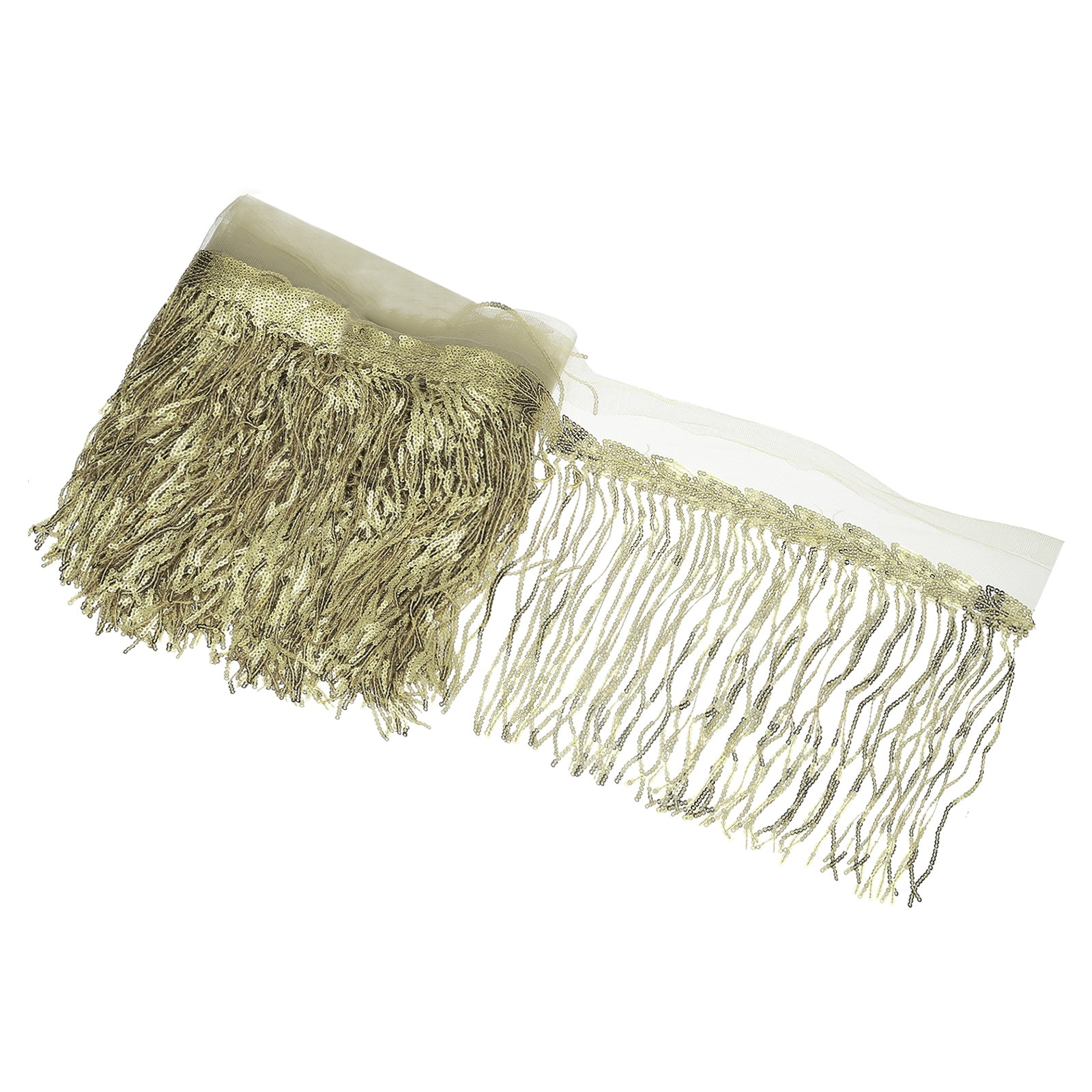Uxcell 10 Yards 10 Inch Shiny Sequined Tinsel Fringe Trim, Sparkling Spangle Curtain Fringe Paillette Lace Fabric Streamer for DIY Latin Dance Costume Clothing Birthday, Light Gold