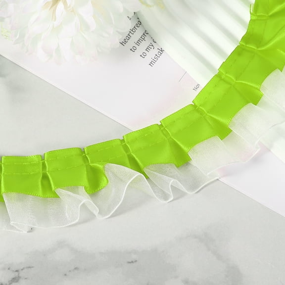 Uxcell 10 Yards 2-Layer Satin Ruffle Trim Lace Ribbon Sewing Lace Fabric Trim for DIY Craft Dress Clothing Wedding Gift Home Decoration, Bright Green