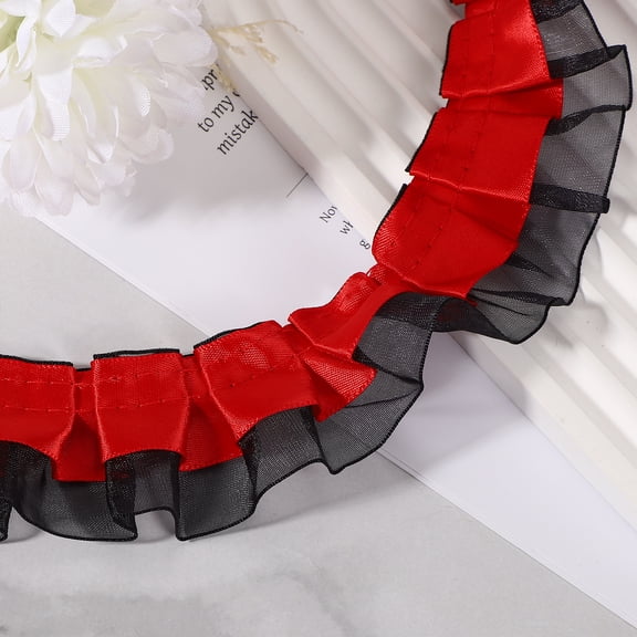 Uxcell 10 Yards 2-Layer Satin Ruffle Trim Lace Ribbon Sewing Lace Fabric Trim for DIY Craft Dress Clothing Wedding Gift Home Decoration, Red/Black