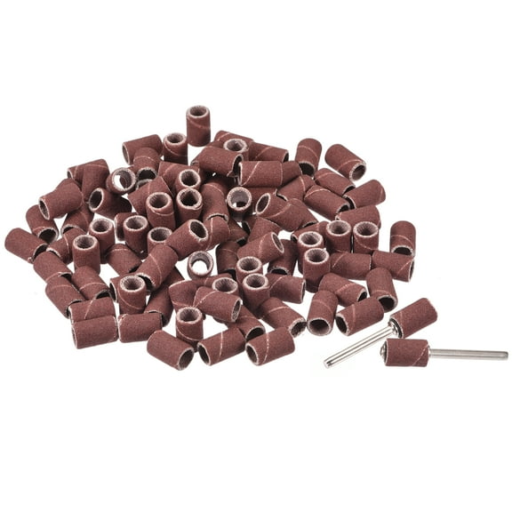 Uxcell 100 Pack 1/4 Inch Sanding Sleeves Sandpaper Set 180 Grit with 2 Pack 1/8 Inch Drum Mandrels for Rotary Tools