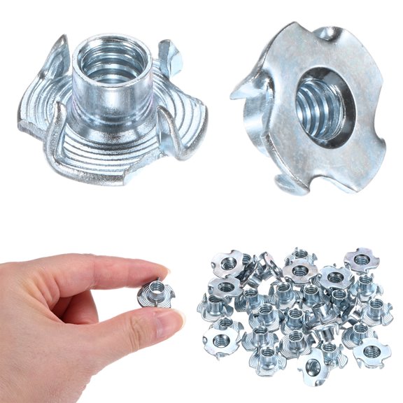 Uxcell 100-Pack 1/4-UNC T-nut, 5/16" Barrel Length Carbon Steel4-Pronged Tee Nut Threaded Insert Corrosion Resistant Fasteners