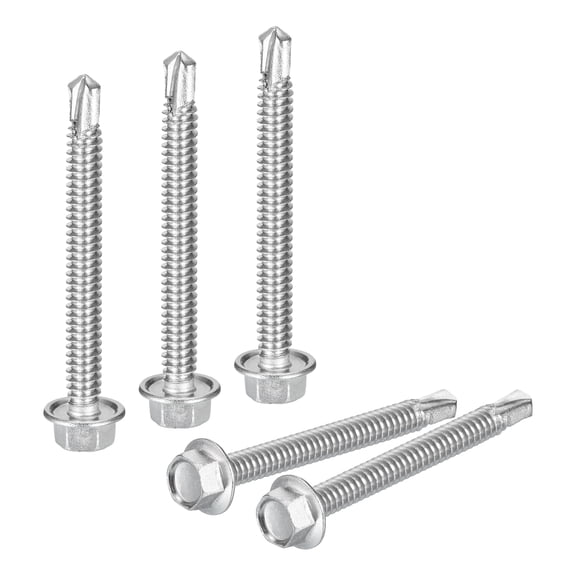 Uxcell 100 Pack #12 x 2" Self Drilling Screws, 410 Stainless Steel Self Tapping Screws for Metal, Hex Washer Head Sheet Metal