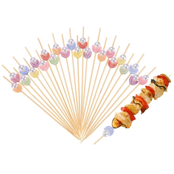 Uxcell 100-Pack Cocktail Picks, 4.7 Inch Long Bamboo Fancy Toothpicks for Barbecue/Drinks/Fruit [Multicolor, Faux Pearl Flower]