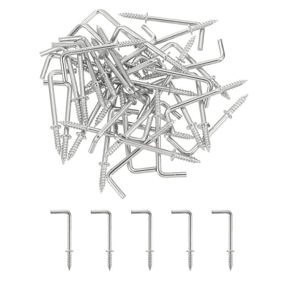 Uxcell 100 Pack L Shape Hooks, 1 1/4 Inch Right Angle Screw Hooks for Hanging, Silver