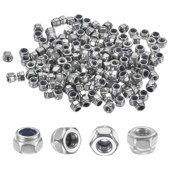 Uxcell 100-Pack Metric Nylon Insert Hex Lock Nuts, M2.5 x 0.45mm Thread 304 Stainless Steel Self-Locking Locknuts for Industrial