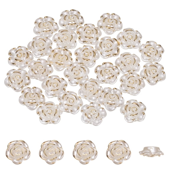 Uxcell 100 Pack Rose Flower Buttons, Flower Button ABS Flat Back Sewing Buttons for Bracelet Clothes Hair Clip Phone Charm Wedding Decor DIY Crafts(10mm, White/Gold)