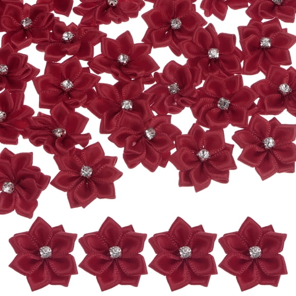 Uxcell 100-Pack Satin Ribbon Flowers, 1.2 Inch Mini Fabric Flowers with Rhinestones for Crafts and DIY Projects Wine Red