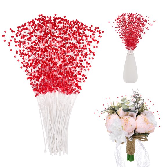 Uxcell 100-Pack String Pearl Stick 9 Inch 4mm Pearls Beaded Stick Bouquet Garland for DIY Crafts Bright Red
