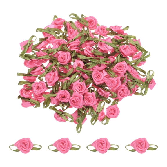 Uxcell 100 Pcs Dark Pink Ribbon Roses 5/8"x1-3/16" Mini Roses for Crafts Little Satin Bows Roses Artificial Flowers
