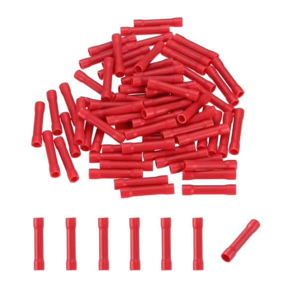 Uxcell 100 Pcs Fully Insulated Butt Connectors, BV0.75 20-18 AWG Copper Wiring Crimps Terminals Kit, Straight Wire Terminals for Wire Connection Electrical, Red