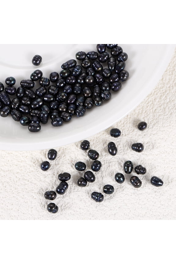 100 Pcs Natural Freshwater Pearl Beads, 4-5mm Oval Rice Shape Loose Gemstone Pearls 0.8mm Hole for Leather Cord Beading Jewelry Making DIY Craft, Black