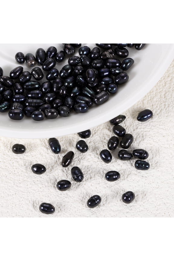 100 Pcs Natural Freshwater Pearl Beads, 5-6mm Oval Rice Shape Loose Gemstone Pearls 0.8mm Hole for Leather Cord Beading Jewelry Making DIY Craft, Black