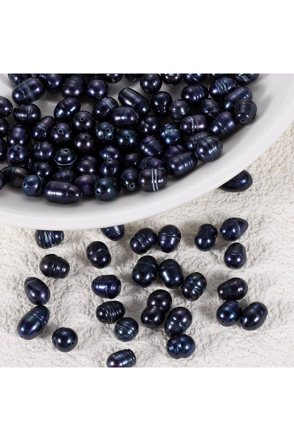 100 Pcs Natural Freshwater Pearl Beads, 6-7mm Oval Rice Shape Loose Gemstone Pearls 0.8mm Hole for Leather Cord Beading Jewelry Making DIY Craft, Black