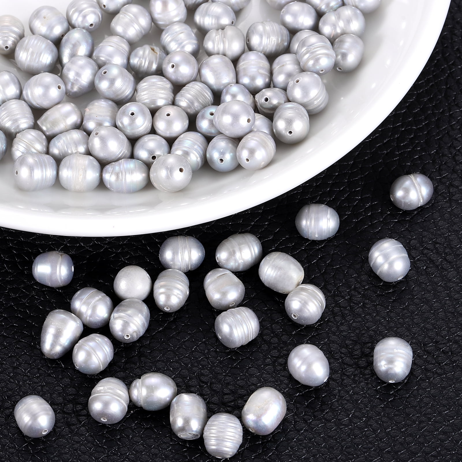 Uxcell 100 Pcs Natural Freshwater Pearl Beads, 7-8mm Oval Rice Shape Loose Gemstone Pearls 0.8mm Hole for Leather Cord Beading Jewelry Making DIY Craft, Gray