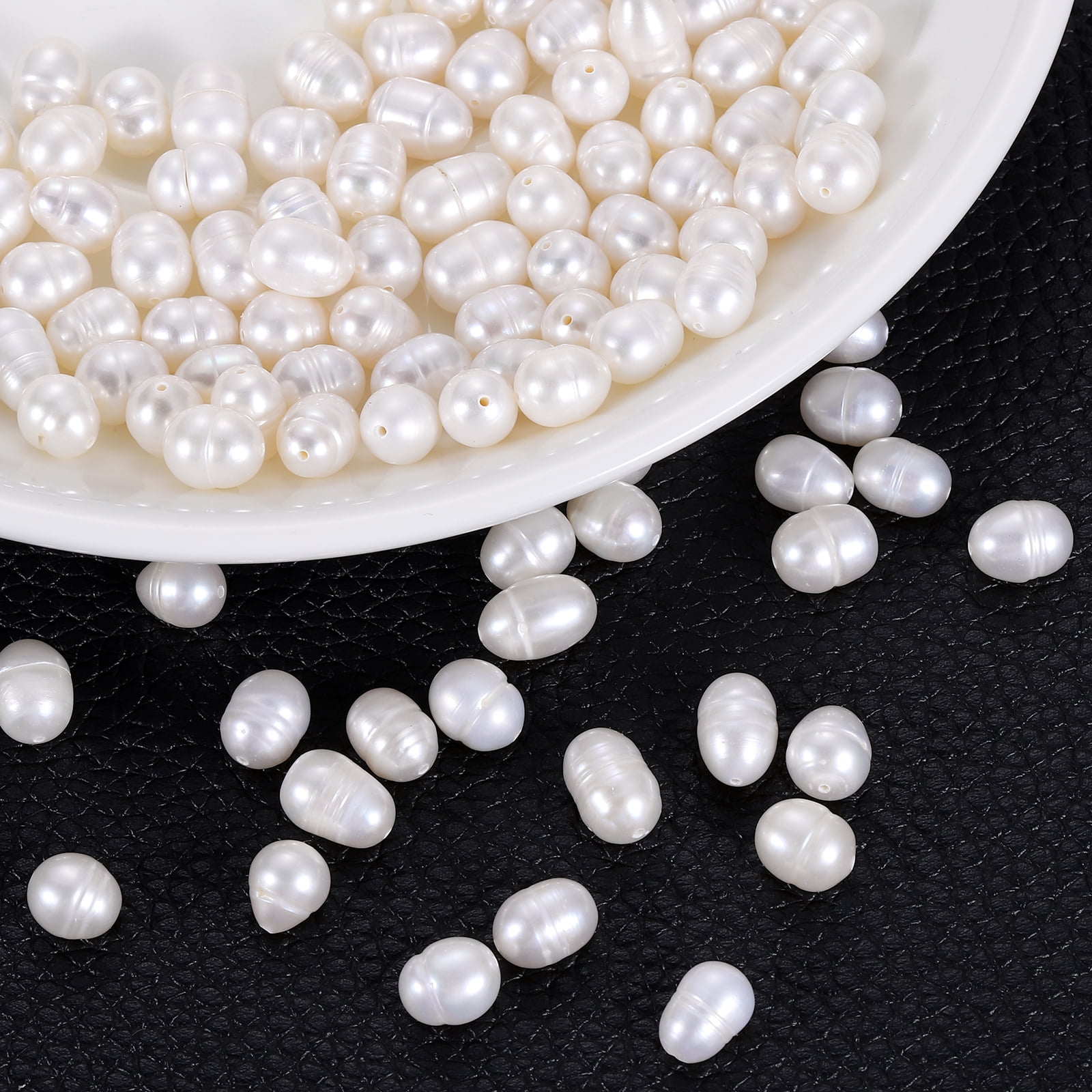 Uxcell 100 Pcs Natural Freshwater Pearl Beads, 7-8mm Oval Rice Shape Loose Gemstone Pearls 0.8mm Hole for Leather Cord Beading Jewelry Making DIY Craft, White