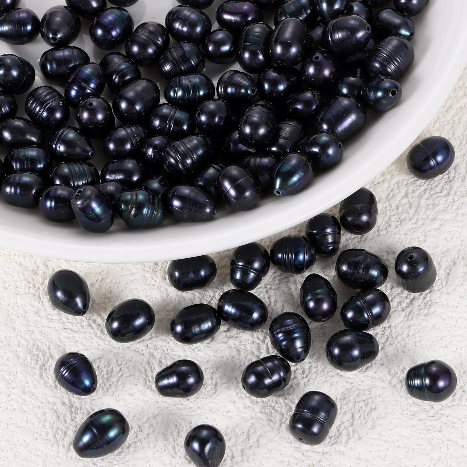 Uxcell 100 Pcs Natural Freshwater Pearl Beads, 8-9mm Oval Rice Shape Loose Gemstone Pearls 0.8mm Hole for Leather Cord Beading Jewelry Making DIY Craft, Black