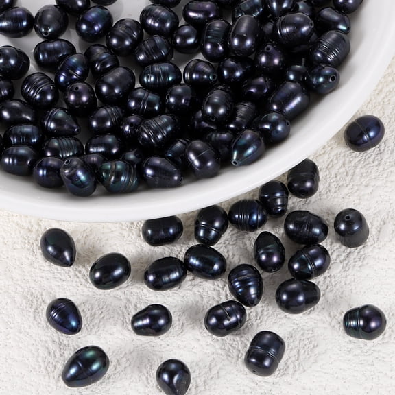 Uxcell 100 Pcs Natural Freshwater Pearl Beads, 8-9mm Oval Rice Shape Loose Gemstone Pearls 0.8mm Hole for Leather Cord Beading Jewelry Making DIY Craft, Black