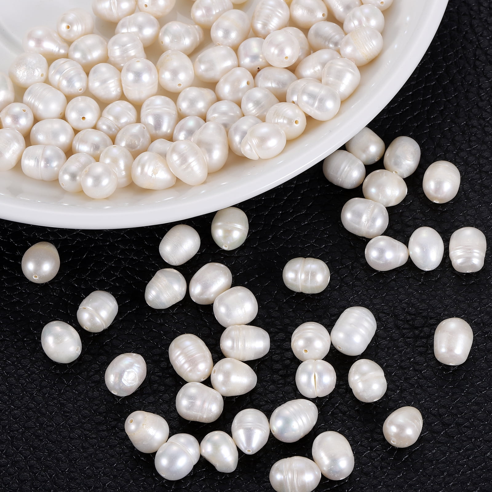 Uxcell 100 Pcs Natural Freshwater Pearl Beads, 8-9mm Oval Rice Shape Loose Gemstone Pearls 0.8mm Hole for Leather Cord Beading Jewelry Making DIY Craft, White